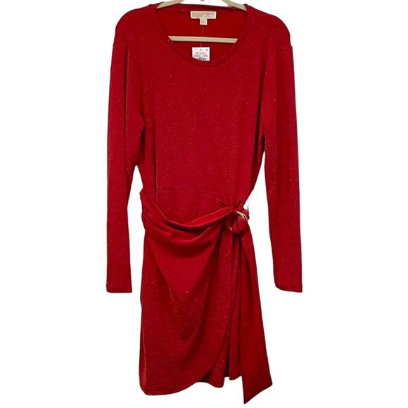 NWT Michael Kors Red Gold Glitter Dot LongSleeve Stretchy Dress Size Large - Picture 4 of 13